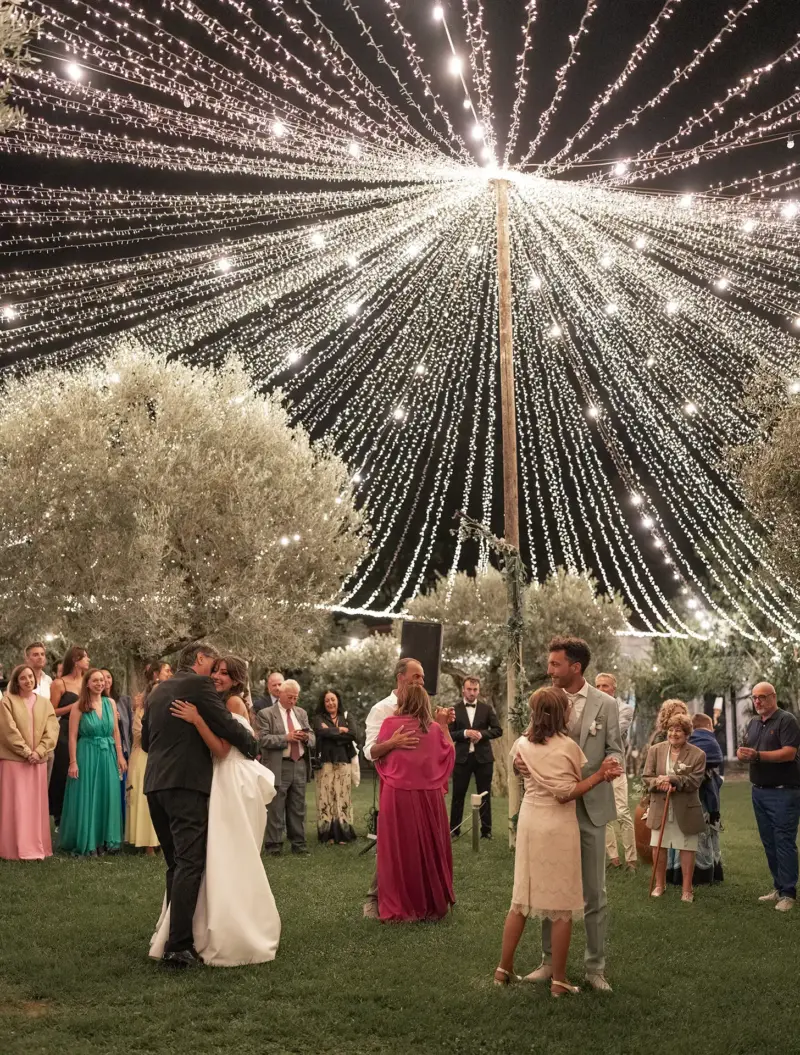 Braut und Bräutigam tanzen mit den Eltern unter tausenden Lichterketten